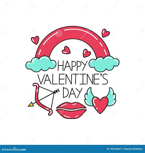 Happy Valentine`s Day Lettering with the Symbols of Valentine`s Day. Stock Vector - Illustration ...