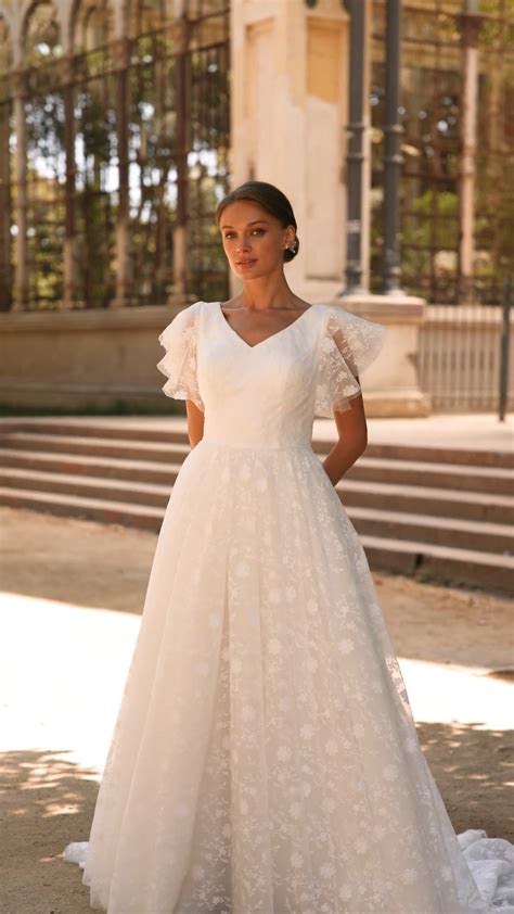 Modest All Lace A-line Bridal Gown with Short Flutter Sleeves Moonlight M5064 | Modest wedding ...