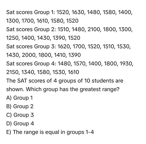 Solved: Sat scores Group 1: 1520, 1630, 1480, 1580, 1400, 1300, 1700 ...