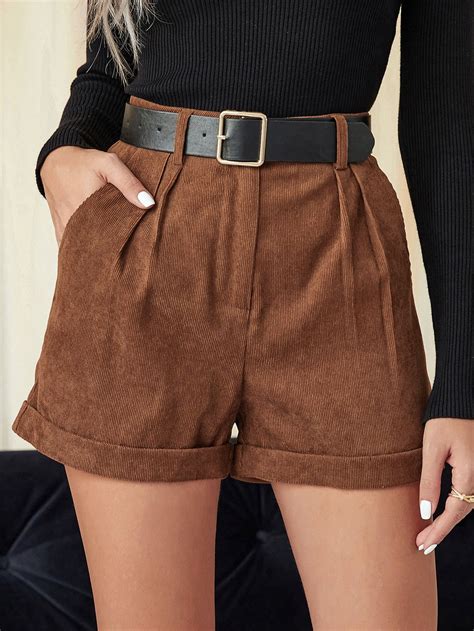 Coffee Brown Roll Hem Corduroy Shorts