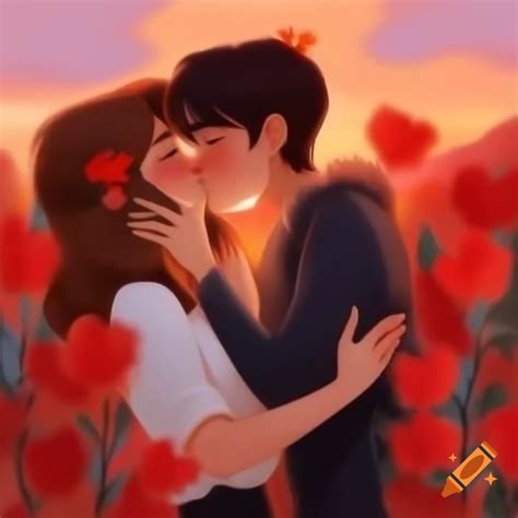 Tender kiss between two figures under a blushing sunset on Craiyon