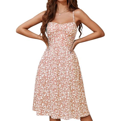 Summer Built In Bra Dress Women Spaghetti Strap Knee Length Floral ...