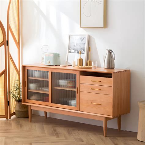 3 Drawers Modern Sideboard Cabinets Pine Solid Wood Sliding Doors ...