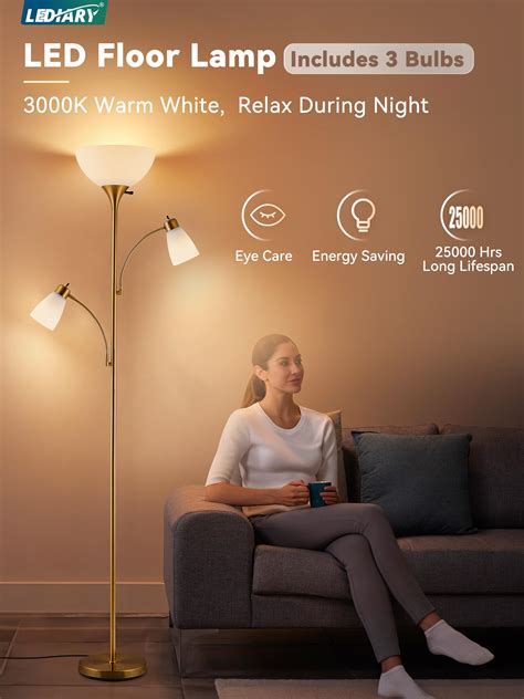 LEDIARY Torchiere Floor Lamp, 72 Inch Gold Standing Lamp with 2 ...