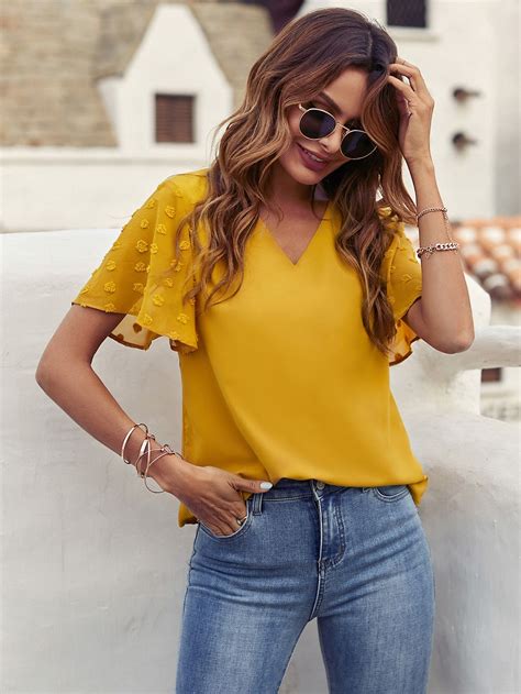 Contrast Swiss Dot Sleeve Blouse | Yellow blouse women, Yellow blouse ...
