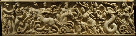 Front panel of a sarcophagus with a scene of abduction of Persephone by ...