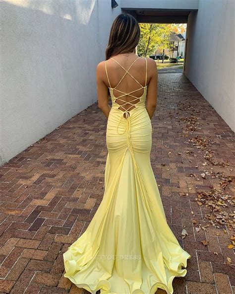 Mermaid V Neck Backless Long Yellow formal dresses Bridesmaid Dresses ...