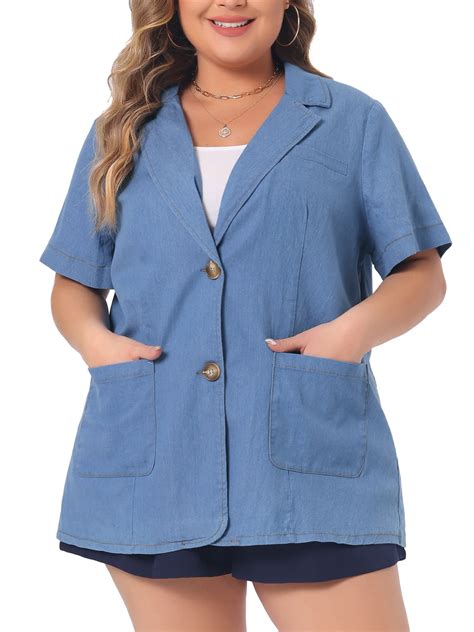 Agnes Orinda Plus Size Denim Shirt for Women Front Lapel Short Sleeve ...