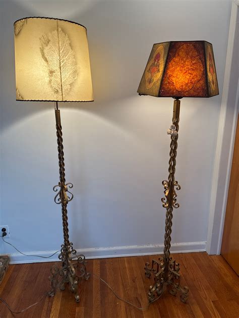 Pair Of Vintage Wrought Iron Floor Lamps With Unique Artisanal Shades ...
