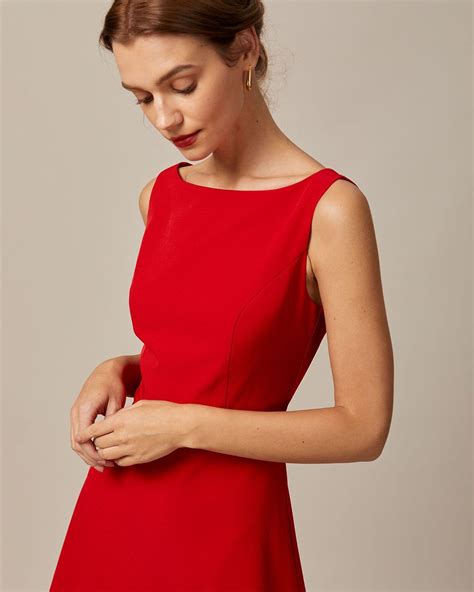 The Red Boat Neck High Waisted Mini Dress - Boat Neck Sleeveless A Line ...