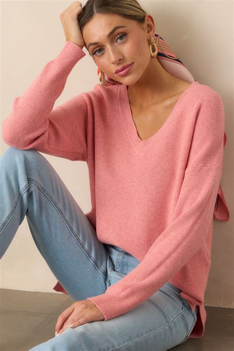 Rose Pink V-Neck Sweater - All Tops | Red Dress