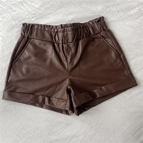 Brown faux leather shorts Paper bag style waistline... - Depop