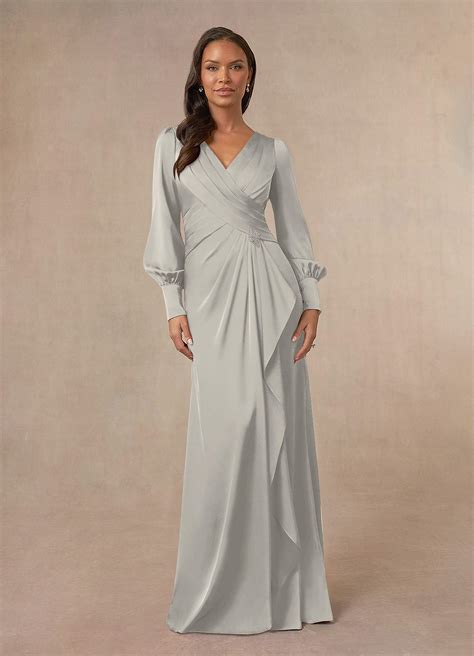 Pebble Azazie Petrina Mermaid Pleated Stretch Satin Floor-Length Dress ...