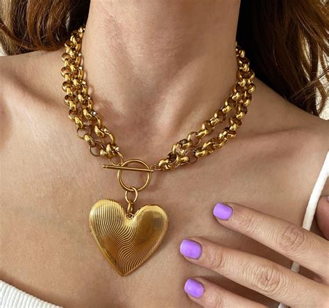 Chunky Heart Necklace, Gold Tone Oversized Large Heart Necklace, Double ...