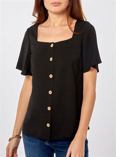 Black Button Square Neck Shirt | Dorothy Perkins | Clothes, Fashion ...