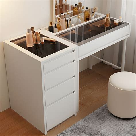 Modern White Wood Makeup Vanity with Glass Top, Mirror, and Soft-Close ...