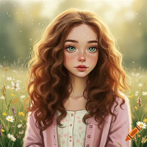 An artistic illustration of a young girl with curly brown hair and flowers in her hair, looking ...