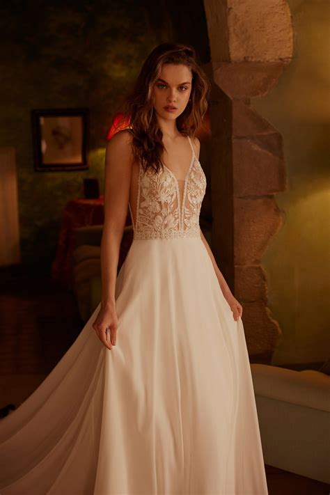 66286: Chiffon A-Line Bridal Dress with Plunging Lace Bikini Bodice | Lillian West