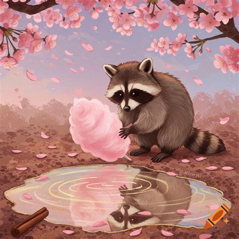 A cute raccoon holding pink cotton candy looks at its reflection in a ...
