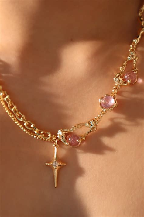 18K Real Gold Plated Purple Glitter Stone Dangle Necklace ...