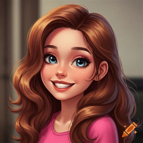 A smiling, stylized cartoon girl with long brown hair, bright blue eyes ...