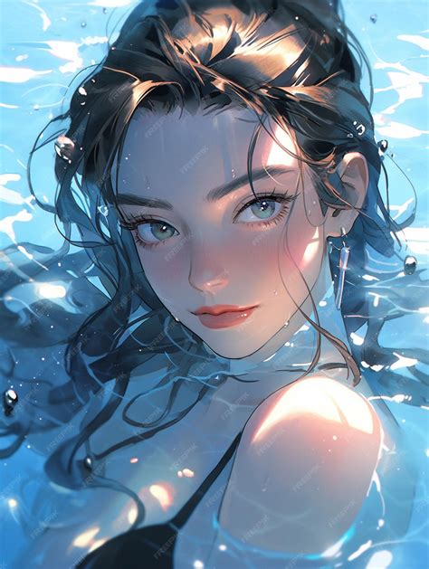 Premium Photo | Anime girl in a black bikini in a pool with water ...
