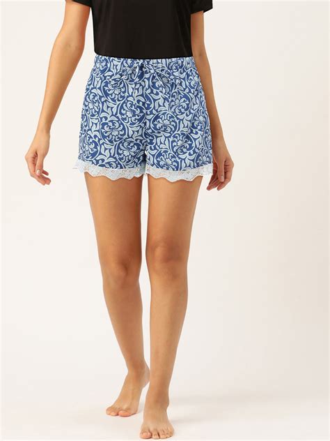 Buy ETC Women White & Blue High Rise Printed Lace Detailed Lounge ...