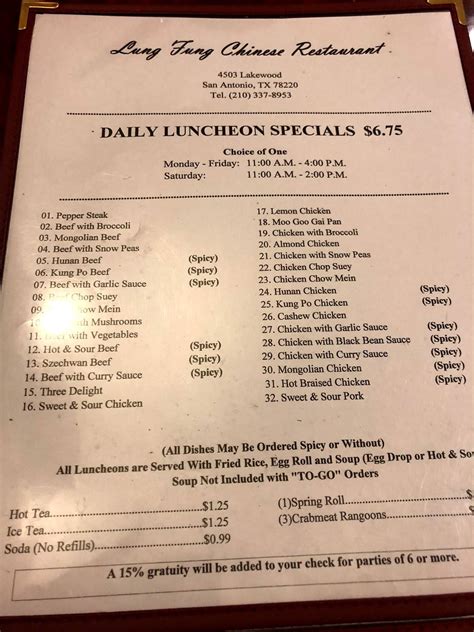 Menu at Lung Fung Chinese Restaurant 2, San Antonio, Lakewood Dr