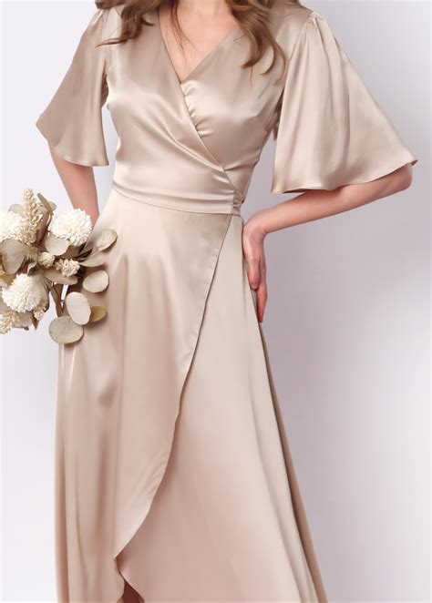 Champagne beige silk satin long wrap dress silk dress wrap dress ...