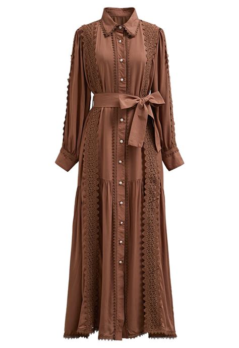 Captivating Lace Tie-Waist Button Down Maxi Dress in Brown - Retro ...
