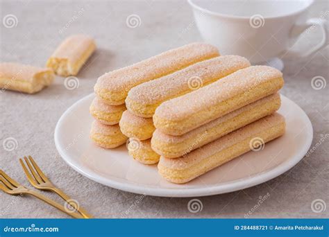 Lady Finger Biscuits, Italian Dessert and Sponge Cookie on White Plate ...