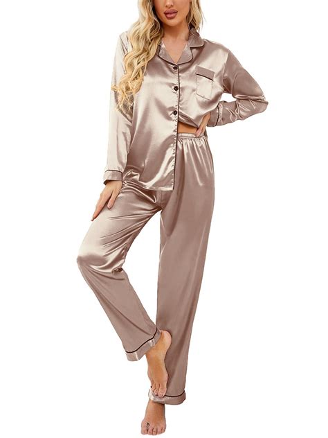 DAKIMOE Sleepwear Womens Silky Satin Pajamas Set Long Sleeve Nightwear ...