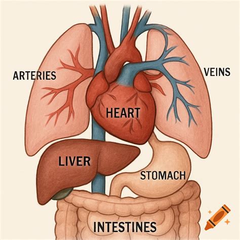 Diagram of human heart, lungs, liver, stomach, and intestines with ...