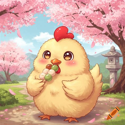 Cute anime chicken eating dango under cherry blossoms on Craiyon