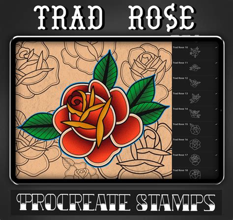 Traditional Rose Tattoo Procreate Stamp - Set 1 | 25 Trad Rose Brush ...