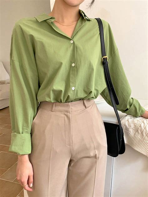 DAZY Solid Color Basic Turn-down Collar Green Shirt | Shirt outfit ...