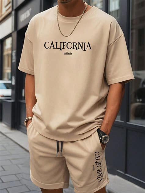 メンズ 夏用 ショートスリーブTシャツ&ドローストリング式ハーフパンツセット ラウンドネック レタープリント カジュアル | Mens ...