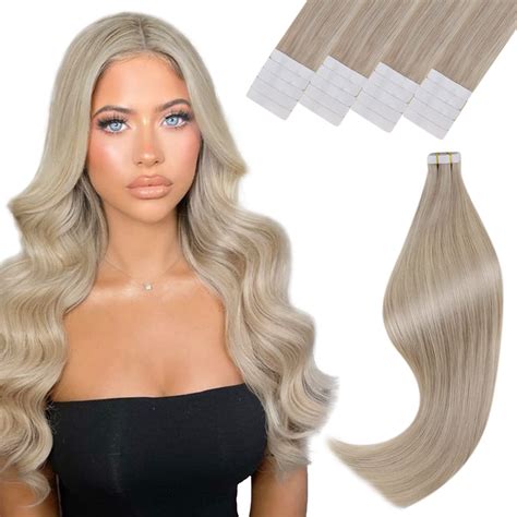 Amazon.com : Vivien Tape in Hair Extensions Human Hair Highlights Ash ...