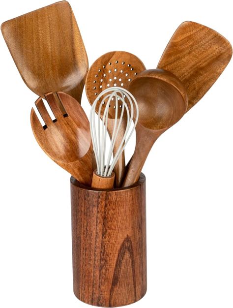 Wooden kitchen utensil set, 5-piece set of natural Acacia wood spoons ...