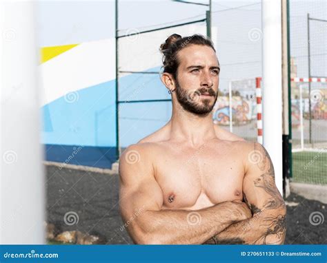 Shirtless Athlete Standing Outside at the Public Park Stock Image ...
