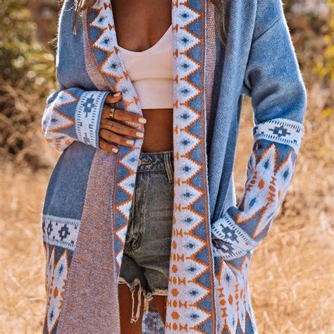 Women's Sweaters Blue Aztec Print Open Front Knitted Cardigan | Don't ...