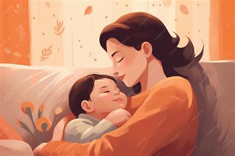 Premium Photo | A cartoon of a mother and her baby sleeping on a couch.