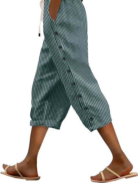 YFJRBR Striped Linen Pants Women Linen Capri Pants Lightweight Spring ...