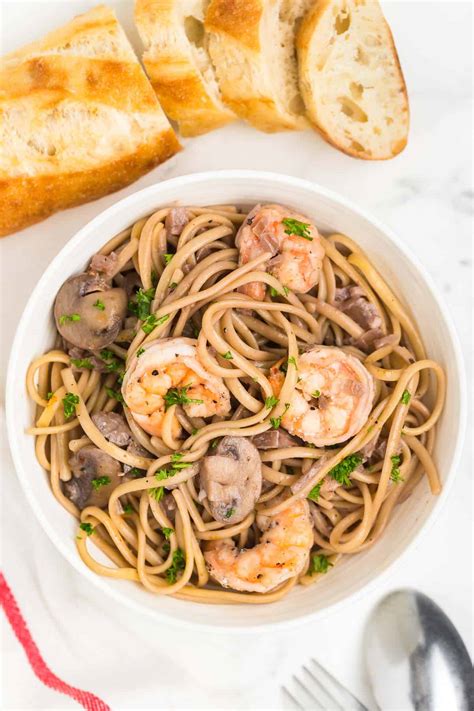 Shrimp and Mushroom Pasta In A Red Wine Cream Sauce - Cheerful Cook
