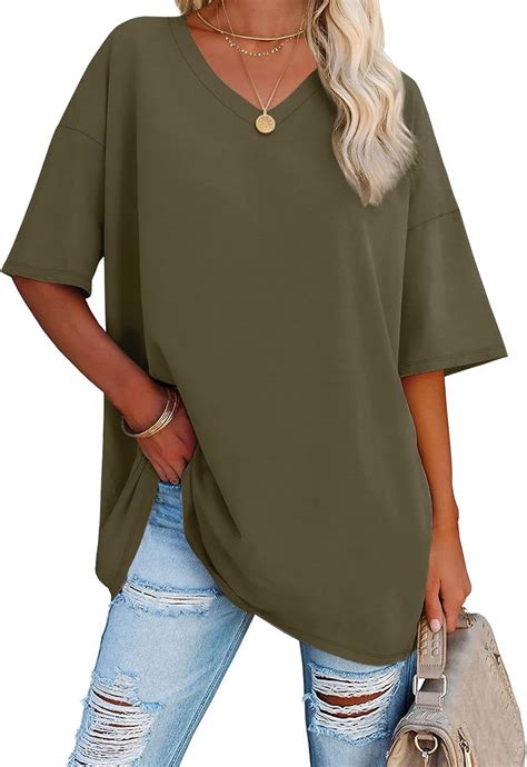 ATHMILE Womens Summer Oversized Shirts V Neck Business Casual Workout ...