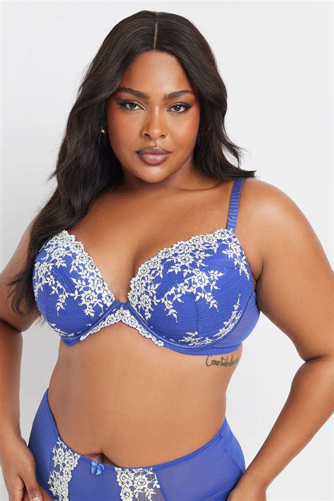 YOURS Plus Size Blue Floral Embroidered Plunge Bra | Yours Clothing