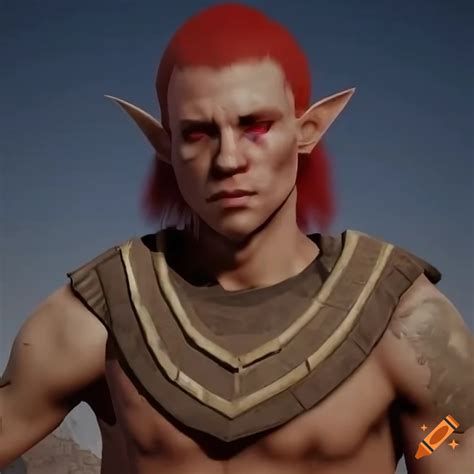 Sci-fi elf man with red ponytail, golden piercings, and golden staff on Craiyon