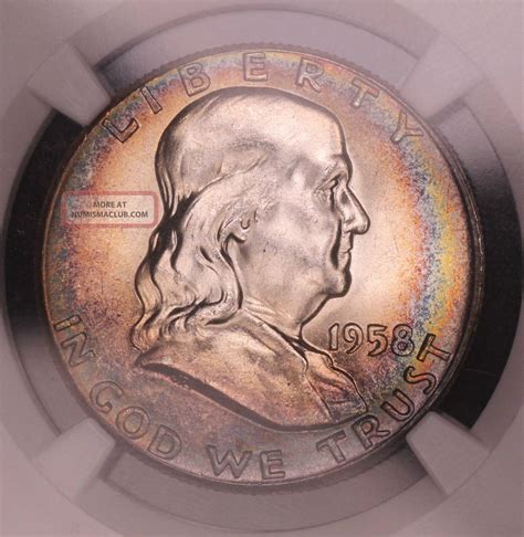 1958 Franklin Half Dollar Ngc Ms65 Rainbow Toned Colorful Toning 2j