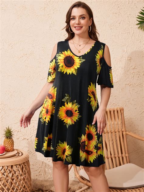 LATWIIV Fashion Plus Size Sundresses - Summer Casual Cold Shoulder Midi ...