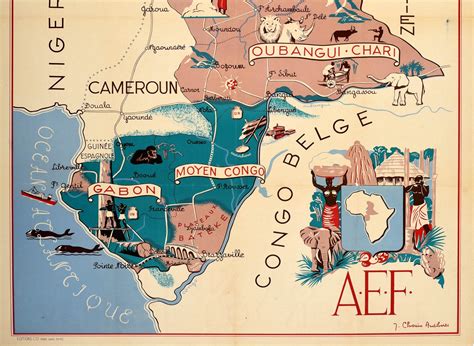 Original Vintage Poster French Equatorial Africa Map Afrique Chad Congo ...